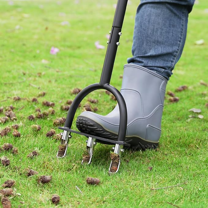 Lawn Aerator Coring Tool, Aerator Lawn Tool with 3 Hollow Tines, Manual Core Aerator for Lawn Garden Care and Loosen Compacted Soil, Lawn Aeration, Garden Tool