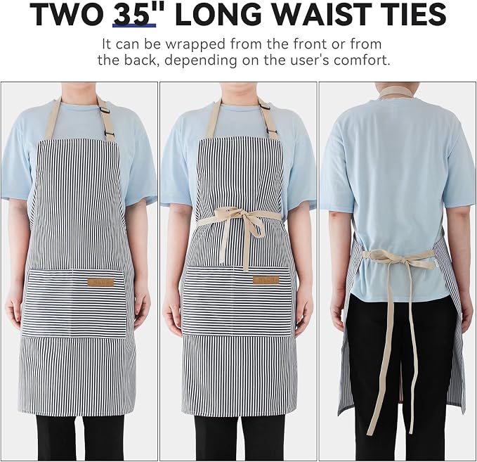 NLUS 2 Pack Cooking Aprons for Women with Pockets, Adjustable Kitchen Bib Aprons Chef Aprons for Women Men(Blue Pinstripes)