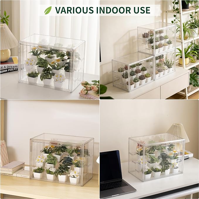 Clear Mini Greenhouse Indoor, 2 Pack Small Portable Tabletop Green House with Magnetic Door for Seed Starting, Plant Grow Warmer and Home Gardening Display