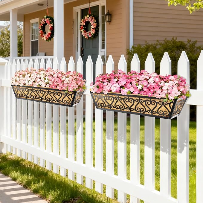 6 Pack 30 Inch Deck Railing Planter Box - Window Boxes Planters with Adjustable Brackets Coco Liners Balcony Planters Railing Hanging for Window Flower Boxes Outdoor Garden Decor