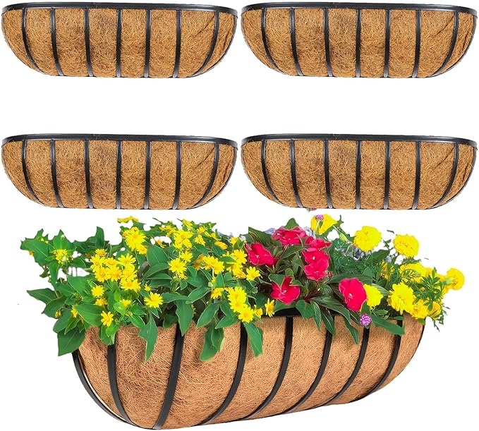 4 Pack 36" Railing Planter Window Box with Coco Fiber Liner Horse Trough Planter The Railing Planter Boxes for Deck Porch Fence Outdoor