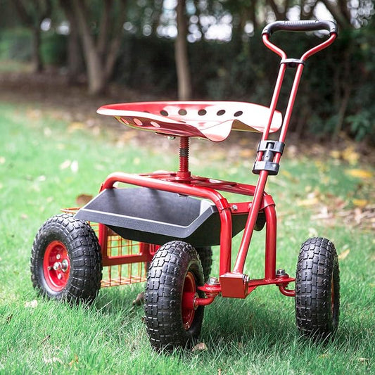 J-Sun-7 Garden Cart with Seat - Steel Rolling Garden Scooter Stool with Wheels, 360 Degree Swivel Work Seat, Adjustable Handle, Tool Tray, Basket, Gardening Stools for Seniors, Red