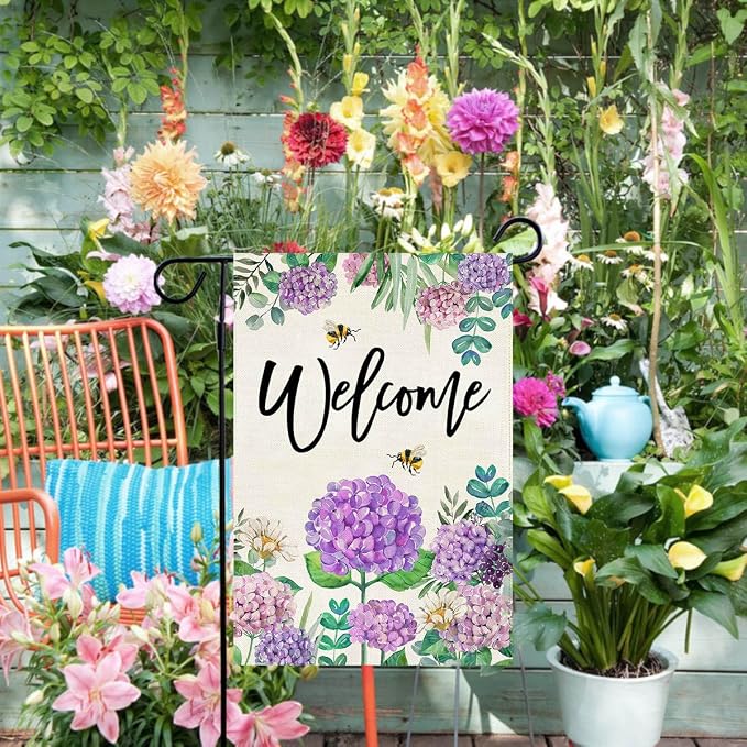 Baccessor Summer Hydrangea Garden Flag Double Sided 12x18 Inch, Purple Flower Floral Welcome Small Yard Flag Burlap Seasonal Farmhouse Yard Outdoor Decoration