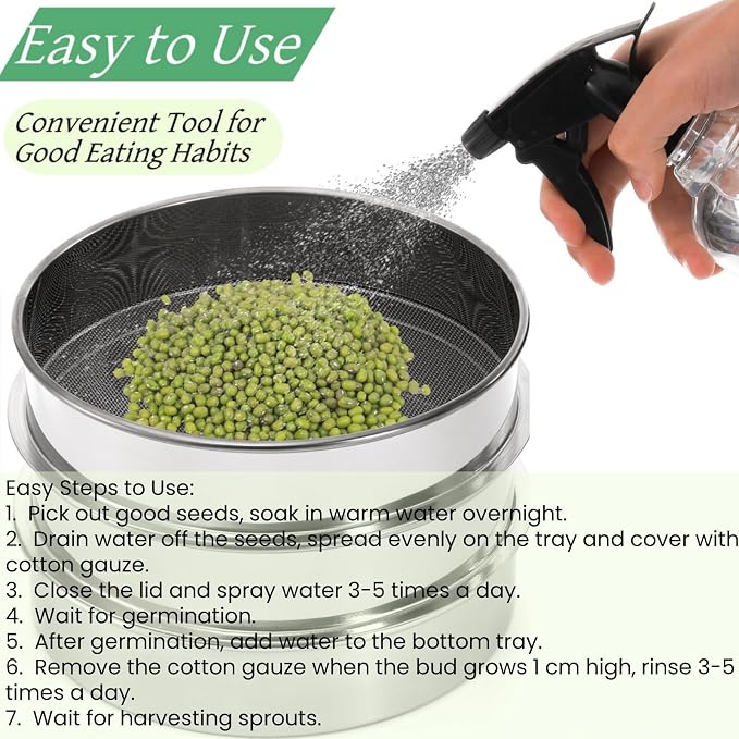 Tlence 9" Stackable Stainless Steel Seed Sprouting Kit, 3-Tier Mesh Germination Tray, Seed Sprout Grower with Lid Base, Microgreens Propagator for Beans Peas Broccoli Wheat Grass, Soil Free