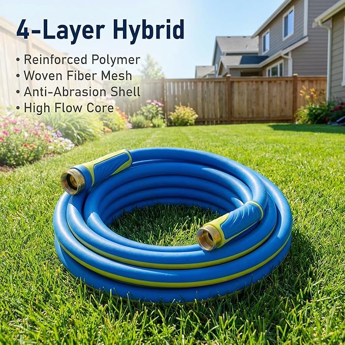 PremiumPro 25FT 5/8" Heavy Duty Reinforced Garden Hose, Large Flow,600 PSI Burst Pressure, Four Layer Hybrid Polymer Anti Kink with 360 Swivel Brass Connectors and handle for yard,washing & irrigation