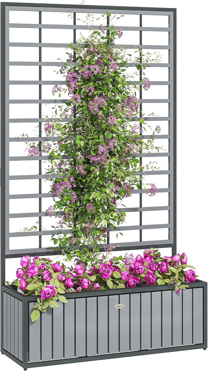 Outsunny Wooden Raised Garden Bed with Trellis, Removable Pots, Drainage Holes for Climbing Vines, Vegetables, Flowers, Raised Planter Box for Backyard, Patio, Balcony, 29 x 11 x 52 in., Gray