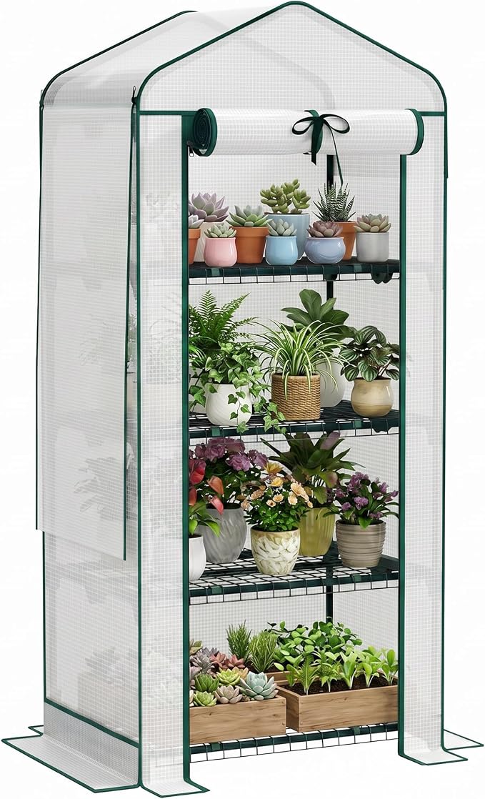 Outsunny 4 Tier Mini Greenhouse with Screen Roof, 27.6" x 19.7" x 62.2", Portable Small Greenhouse with High Strength PE Cover, Roll-Up Zipper Door for Garden Yard Backyard, White