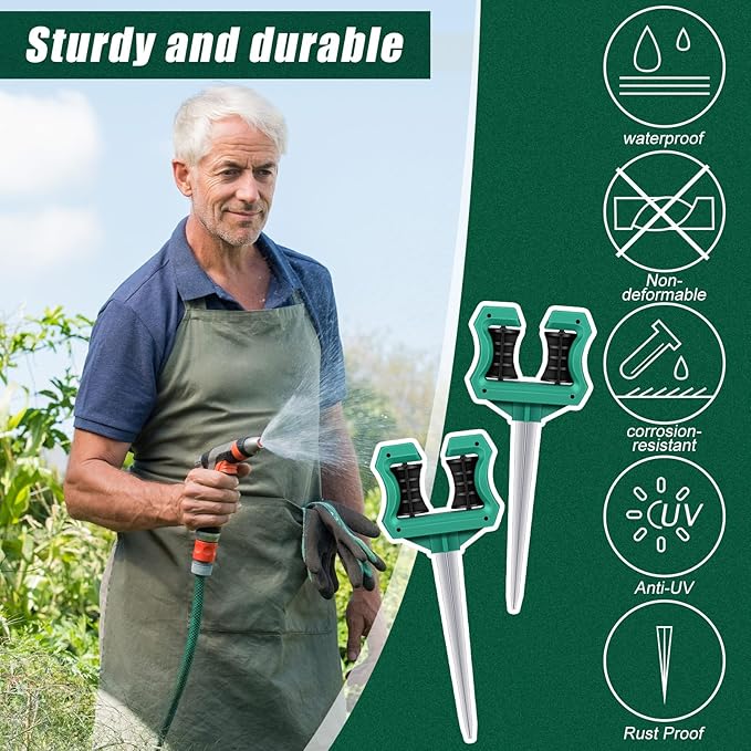 Yaocom 5 Pcs 10 Inch Garden Hose Guide Stakes Metal Spike with Smooth Roller Rust-Proof Hose Guides Green Garden Support Spike for Greenhouse Yard Lawn Plant Protection