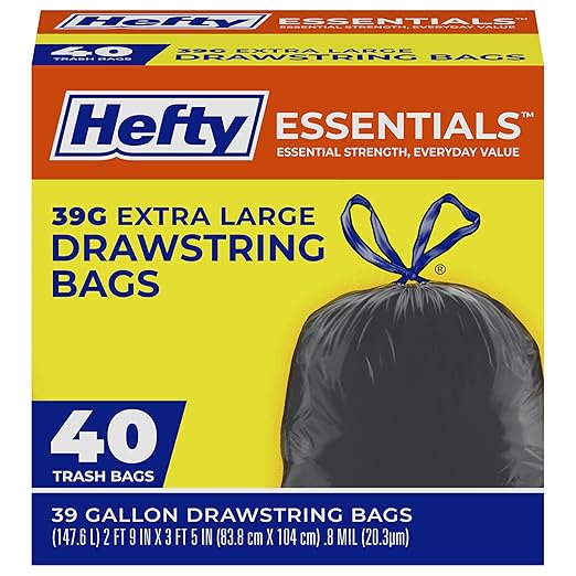 Hefty Essentials Extra Large 39 Gallon Trash Bags, 40 Count, Extra Large Trash Bags for Landscaping, Yard Waste, Basement Cleanouts, Home Remodeling, and More, Scent Free, Black