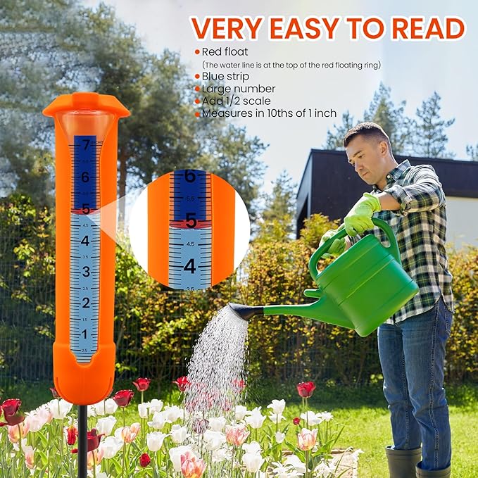 Upgraded Rain Gauge Outdoor, Freeze Proof Rain Gauge with Silicone Cover & Levelling, Large Clear Numbers and Adjustable Height Decorative Rain Measure Gauge with Float Marker for Garden, Yard, Lawn