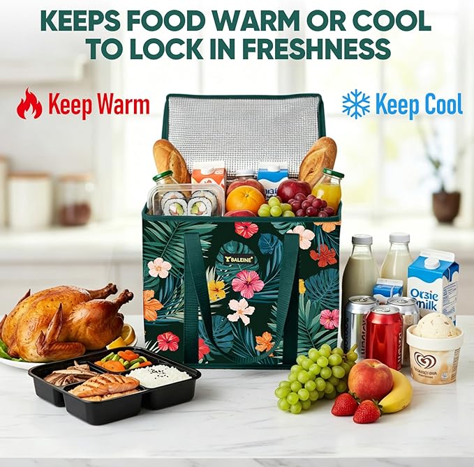 BALEINE 3Pk Insulated Reusable Grocery Bags, Foldable Shopping Bags for Groceries with Reinforced Bottom & Handles (Blossom Season)