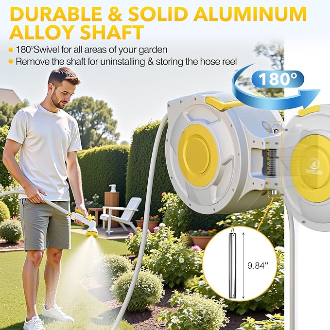 130 ft x 1/2" Retractable Garden Hose Reel, Heavy Duty Water Hose Reel Wall Mounted, Any Length Lock, 180°Swivel, Water Hose with 8-Function Nozzle for Cleaning, Watering (Yellow)