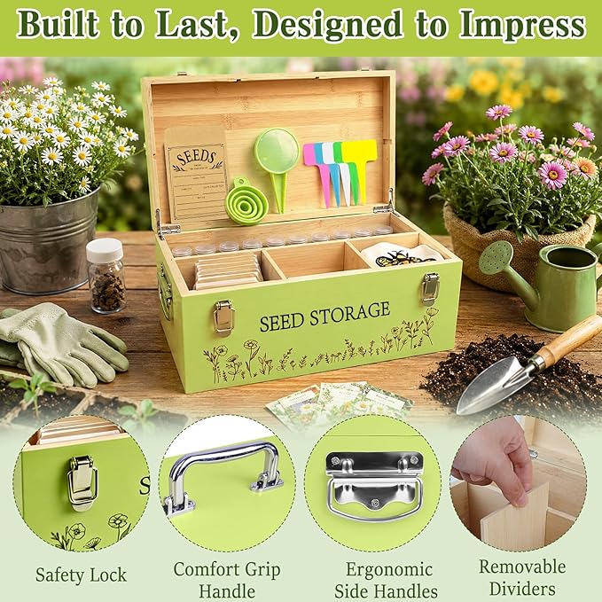 Fayoo Wooden Seed Storage Organizer Box with 40 Seed Vials & 20 Envelopes, Rustic Seed Saving Kit for Vegetable, Flower Seeds, Decorative Garden Seed Storage Container, Gardening Gifts for Women