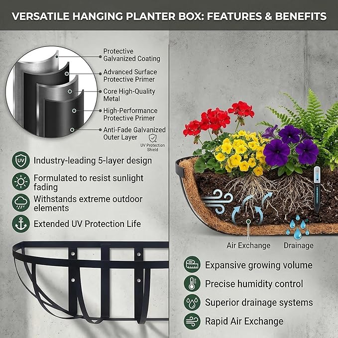 4 Pack 36" Railing Planter Window Box with Coco Fiber Liner Horse Trough Planter The Railing Planter Boxes for Deck Porch Fence Outdoor