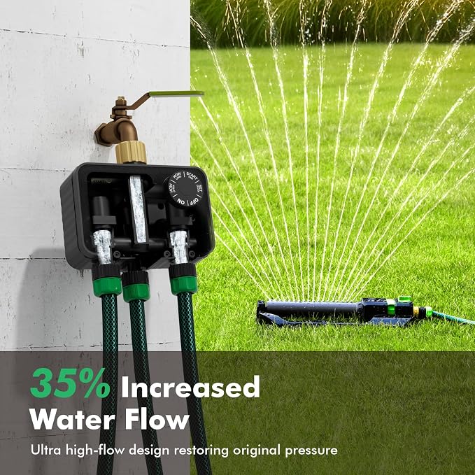 RESTMO Sprinkler Timer for Outdoor Hose Faucet 3 Zone, Up to 11h59m Programmable Watering Timer for Soaker Hose, Misting with Brass Inlet & Large Dial, Rain Delay/Manual/Automatic Irrigation System