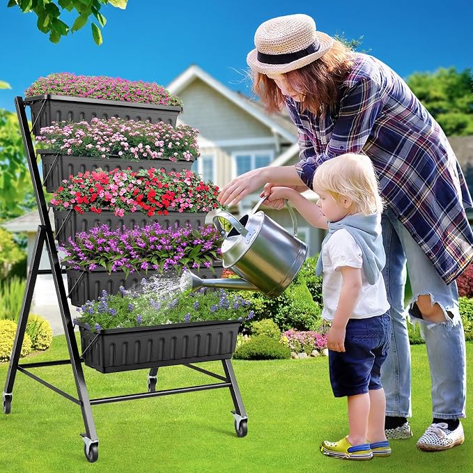 TEANDE Vertical Raised Garden Bed with Lockable Wheels, 5-Tier Elevated Planter Box w/Drainage System & 4 Hooks for Herbs Vegetables Flowers, Vertical Garden Planter for Patio Yard Indoor Outdoor