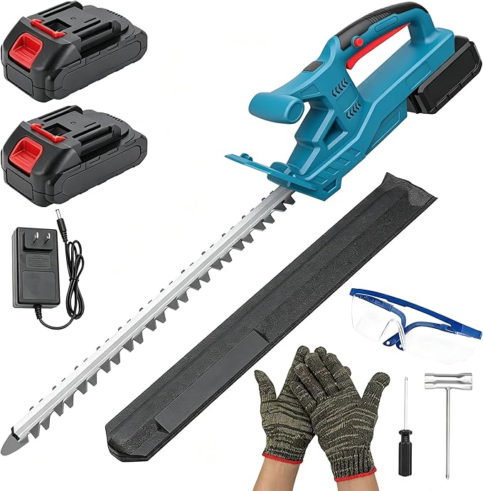 20" Hedge Trimmer Cordless with Battery, 21V Electric Hedge Trimmer with 2 Pack 4.0Ah Batteries and Charger Included 3200RPM, Goggles, Gloves, Tools for Tree, Garden, Lawn, Yard
