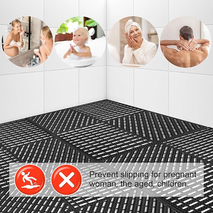 MYFAMIREA Modular Interlocking Cushion 12 Pack 11.8" x 11.8" Rubber Floor Tiles Non-Slip Splicing Drainage Mats for Deck, Pool, Shower, Patio, Balcony, Bathroom, Kitchen, Yard (2 Rows Dots, Black)