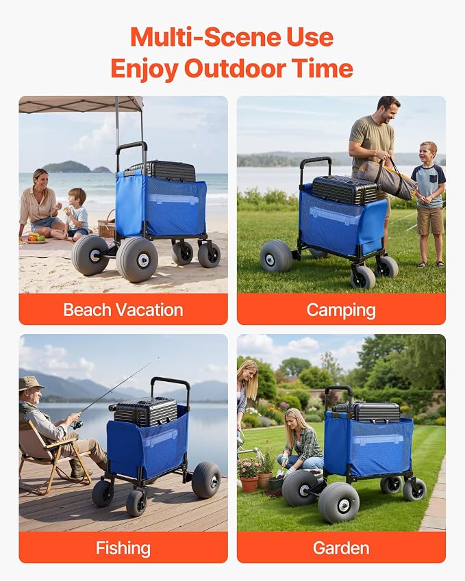 VEVOR Beach Cart, 165LBS Load Capacity, Portable Folding Beach Wagon Dolly with 12" Balloon Wheels for Sand, Storage Bag & 4-Level Adjustable Height for Outdoor Camping Fishing