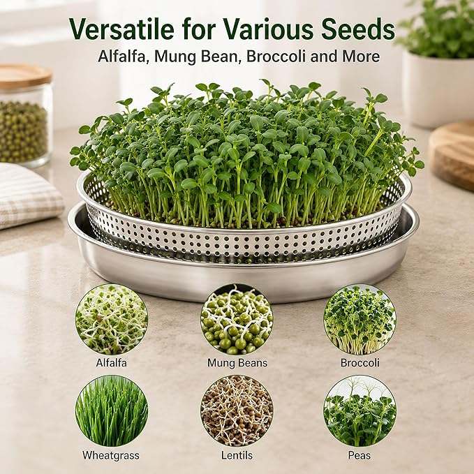 2 Pack Stackable Sprouting Trays with Mesh Lids, 304 Stainless Steel Soil-Free Sprouter Kit for Microgreens Broccoli Alfalfa Bean Seeds