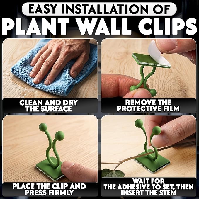 100 Pcs Plant Clips for Climbing Plants - Plant Wall Clips, Green Self-Adhesive Vine Wall Clips for Pothos, Ivy, String of Hearts, Indoor Outdoor Plant Support Hooks, No-Nail Climbing Plant Holder Set