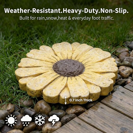 Heavy Duty Concrete Stepping Stone 10 Inch Daisy Design, Non Slip Garden Pathway Stone for Outdoor Walkway Yard Patio Lawn (Yellow)