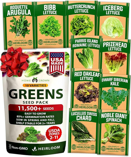 HOME GROWN 11,500+ Heirloom Lettuce Seeds - 10 Varieties Including Romaine, Buttercrunch, Iceberg, Kale & Spinach - Non-GMO USA Seeds for Planting Indoor, Outdoor & Hydroponic Gardens