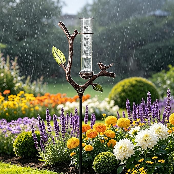 Deepfeel Branch Design Rain Gauge Outdoor – Decorative Rain Gauge for Garden Yard Patio, Easy-to-Read 7" Scale, Freeze Proof Plastic Tube with Metal Stake, Rain Gauges Outdoors Best Rated