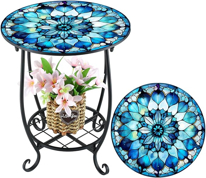 Cinnvoice Outdoor Side Table Round Small Mosaic Patio Accent Indoor End Plant Coffee Tea Table for Yard Patio Porch Garden Living Room, Bedroom(Mandala Style2,18 Inch)