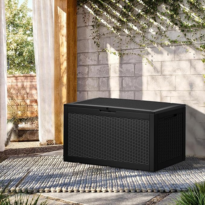 TARKARI 100 Gallon Outdoor Storage Box Waterproof, Resin Deck Boxes with Lockable Lid & UV-Resistant for Patio, Pool Accessories, Garden & Furniture Cushions, Black