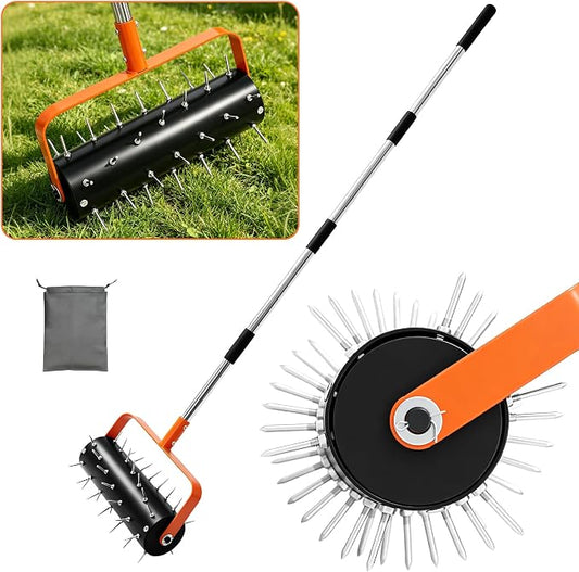 Rolling Lawn Aerator Heavy Duty Spike Aerator Roller with Adjustable Handle & 48 Spikes, Fillable Drum Manual Push Aeration Tool for Lawns, Gardens, Yards, Patio