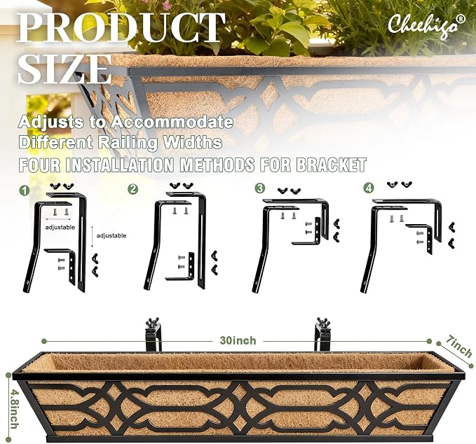 2 Pack 30 Inch Railing Planter Boxes with Coco Liner, Large Metal Window Boxes Planters for Deck Railing, Extra Wide Hanging Horse Trough for Outdoor Plants and Balcony Rails