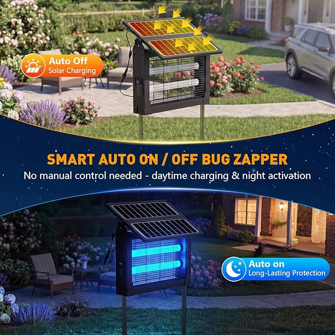 Solar Bug Zapper Outdoor, 4500V Solar Mosquito Zapper with Dual Solar Panels, 1/2 Acre Coverage Cordless Rechargeable Electric Fly Zapper, IPX5 Waterproof Mosquito Traps for Backyard, Patio, Camping