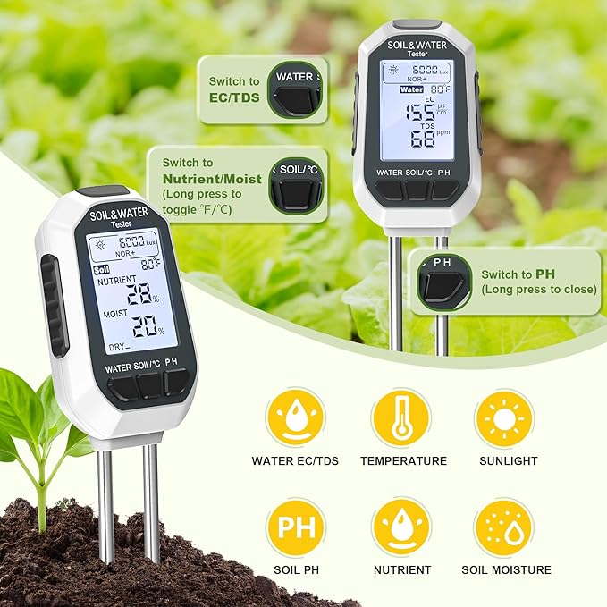 Soil Moisture Meter, 7-in-1 Digital Plant Water&Soil with EC/TDS/Fertility/PH/Temp/Mois/Sunlight Intensity Backlight LCD Display Soil Test Meter for Gardening, Farming and Outdoor Plants