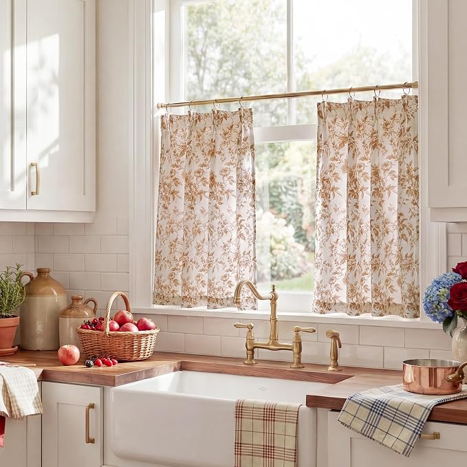 StangH Chocolate Brown Floral Cafe Curtains, Vintage Peony Pattern Pinch Pleated Window Tiers, Rustic 36 Inch Length Tiered Curtains for Dining Room & Coffee Bar, W26xL36, 2 Panels