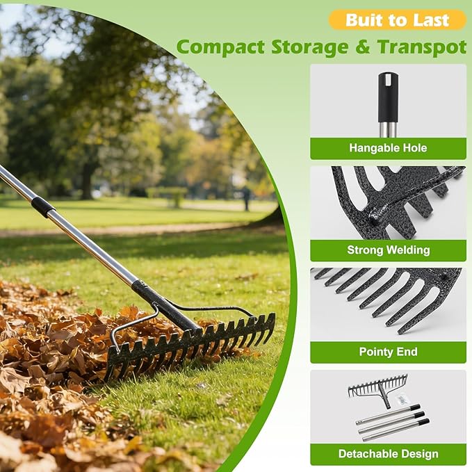 63" Bow Rake,Heavy Duty Metal Garden Rake for Moving Gravel Loosening Soil Leveling Ground Gathering Leaf Debris Spreading Mulch, 17 Tines,Adjustable Handle, for Lawn Garden Farm Landscape Work