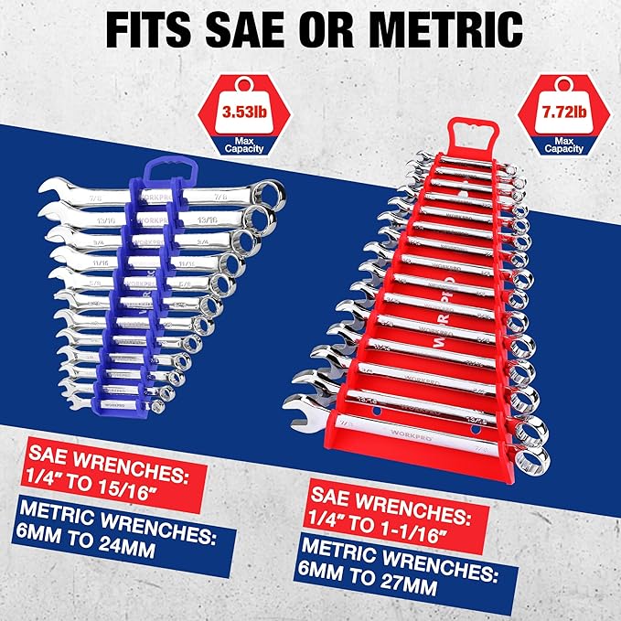 WORKPRO 4-Pack Magnetic Wrench Organizer, 2PC 15-Slot and 2PC 12-Slot Gripper Holder for Tool Boxes, Flexible Gripping Teeth and Carrying Handle, Fit for SAE and Metric, Blue, Red