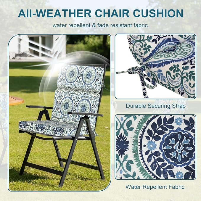 DYTXIII Outdoor High Back Chair Cushions Set of 2, 44"x22" Water Repellent Patio Seat Cushions with Elastic Sponge, All Weather Chair Pads for Rocking, Dining Chairs, Patio Furniture - Wreath Blue