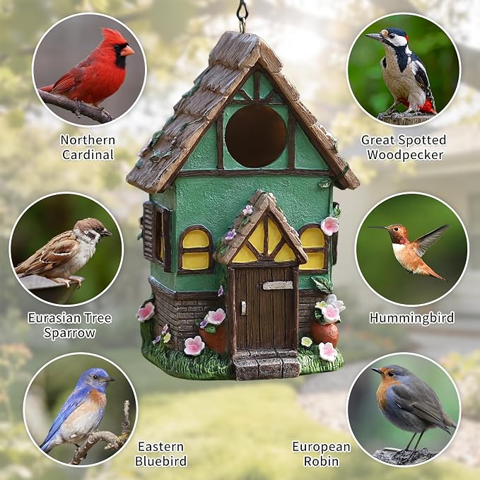 Bird Houses for Outside Rustic Cottage Thatch Roof Birdhouse with Flowers – Hand-Painted Resin Birdhouses for Outdoors for Bluebird Finches Cardinals Bird Nesting Garden, Patio, Yard