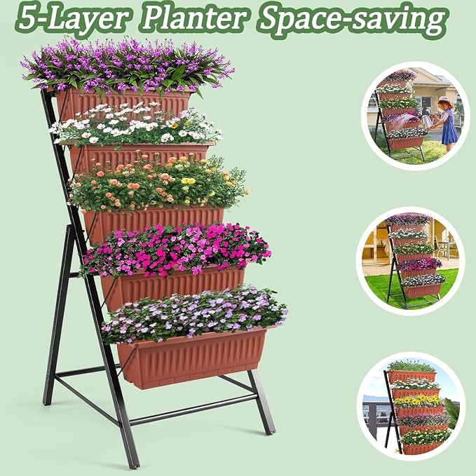 TEANDE 2 Pack Vertical Raised Garden Bed, 5-Tier Elevated Planter Box w/Drainage System & 4 Hooks for Herbs Vegetables Flowers, Vertical Garden Planter for Patio Yard Indoor Outdoor, Dark Red