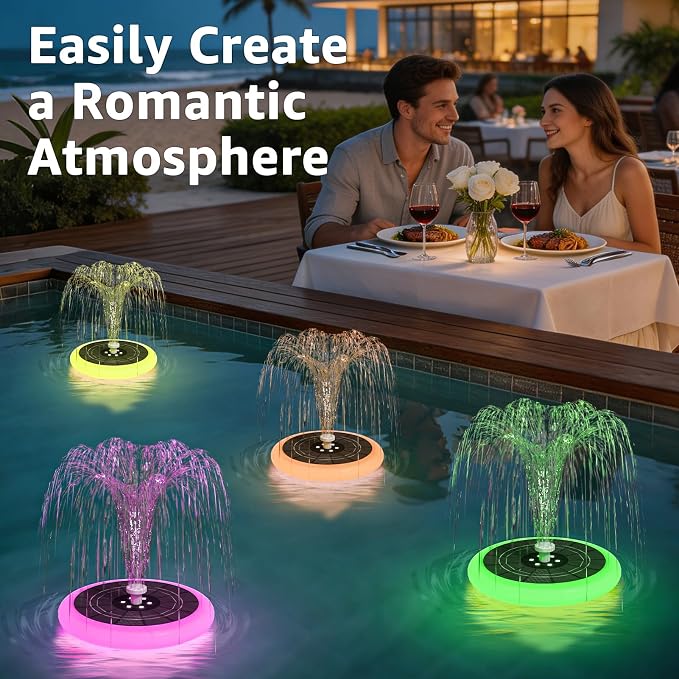 1-Pack Solar Fountain with RGB Lights 3.5W Solar Powered Bird Bath with 6 Nozzle and 4 Fixed Pipes for Pool Garden Pond and Fish Outdoor