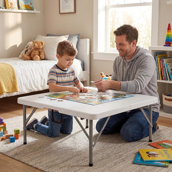 Byliable 34" Folding Square Card Table, Portable Heavy Duty HDPE Fold-in-Half Folding Table with Carrying Handle for Indoor/Outdoor Use – Ideal for Picnic, Camping, Parties, White