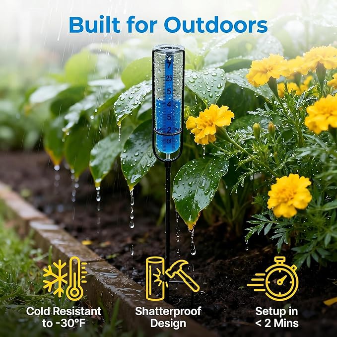 Rain Gauge Outdoor Plastic Garden: High-Contrast Blue Scale Read 20Ft, Shatterproof -30°F, Stable Stake Won't Tip, Easy Install for Lawn Yard Patio