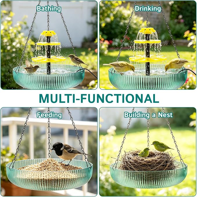 3-Tier Hanging Solar Bird Bath Fountain, Solar Pump Cascading Water Feeder with 16.4FT Cord, Large Bird Bowl for Hummingbirds Wild Birds, Outdoor Garden Patio Backyard Solar Powered Decor