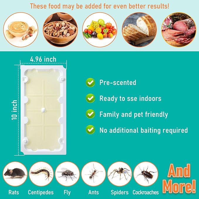 Qualirey 12 Pack Rat Glue Traps 10x5 Inch, Pre-Baited Heavy Duty Mouse Sticky Traps for Mice Snakes Roaches, Large Adhesive Glue Boards with Peanut Scent, No Touch Disposal, Indoor Outdoor (White)