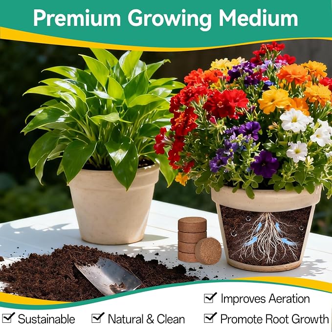 ZeeDix 100pcs(50mm) Coco Coir Pellets Potting Soil Indoor Plants, Compressed Coconut Coir Seed Starting Pellets Soil Discs for Planting Flowers Bonsai Herbs and Vegetables