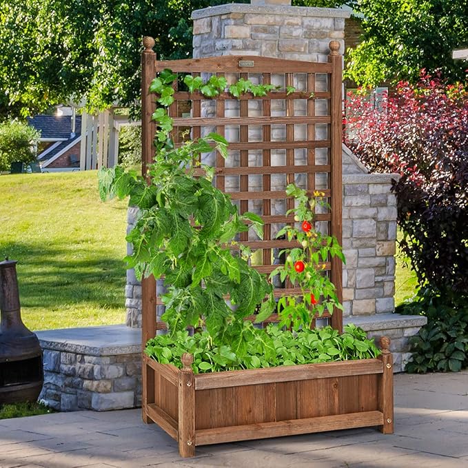 Giantex Wood Planter Free Standing Plant Raised Bed with Trellis for Garden or Yard (11" Dx25 Wx48 H)