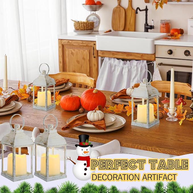 12 Set 10 Inch White Decorative Candle Lanterns Bulk Lanterns Centerpiece with LED Flameless Candle Indoor Outdoor Battery Powered Hanging Lights for Wedding Father Day Party Decoration
