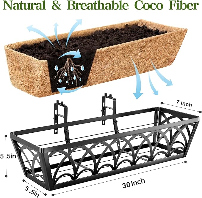 30 Inch Railing Planter Box Window Boxes Planters - 4 Pack Deck Railing Planter Boxes with Adjustable Brackets Coco Liners Balcony Planters Railing Hanging for Window Flower Boxes Outdoor Garden Decor