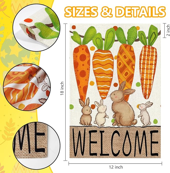 Easter Garden Flag 12x18 Inch, Double Sided Carrots Bunny Flag for Yard Outdoor Decoration